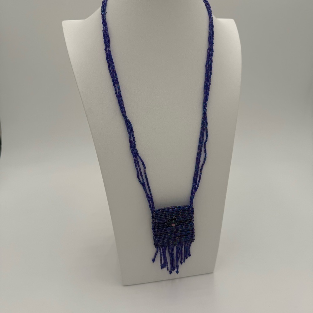 Vintage Purple Color Beaded Amulet Pouch Necklace with Rose Glass Bead - Picture 2 of 8